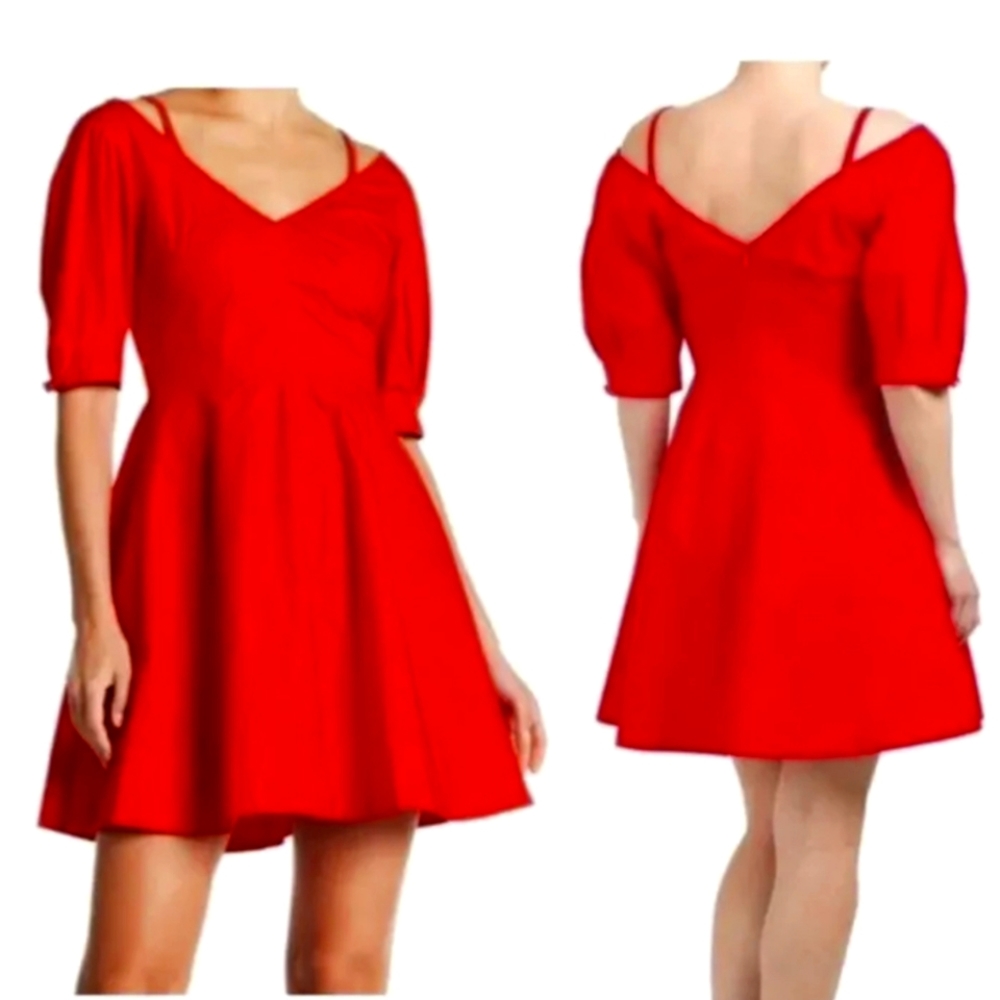 DEREK LAM 10 CROSBY Cotton Poplin Red Dress Off Shoulder Mini. Size 6